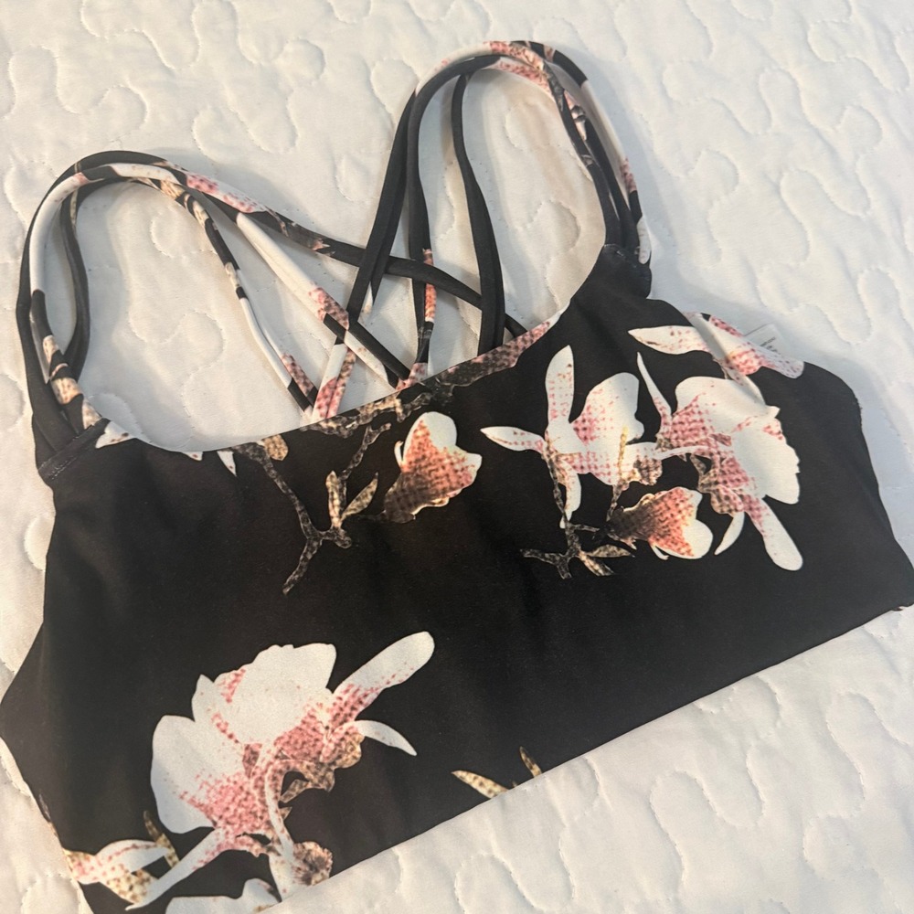 Athleta Women XXS Sports Bra Black Floral Strappy Crisscross Back High Neck